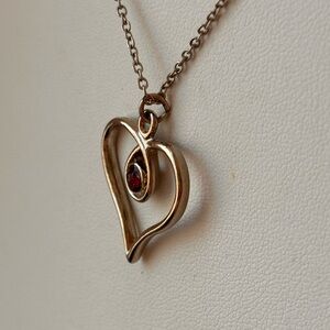 Open Heart pendant necklace/ gold tone chain/ red stone in center